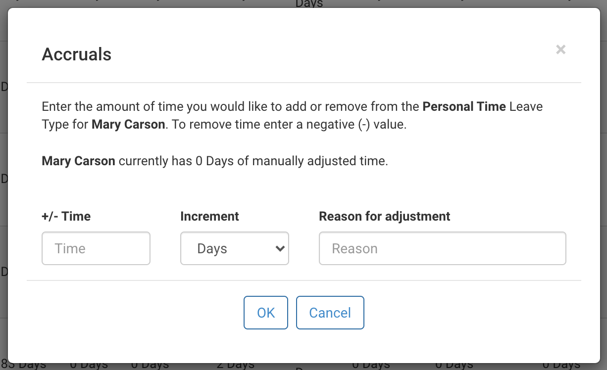 How do I make a manual adjustment to an employees time available?